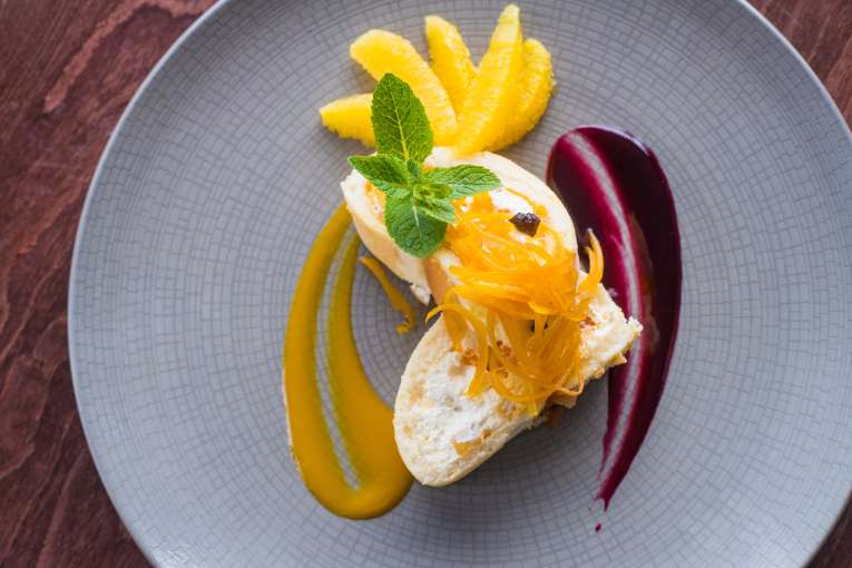 Belmont Hotel Restaurant Dining Orange and Mango Roulade Dessert