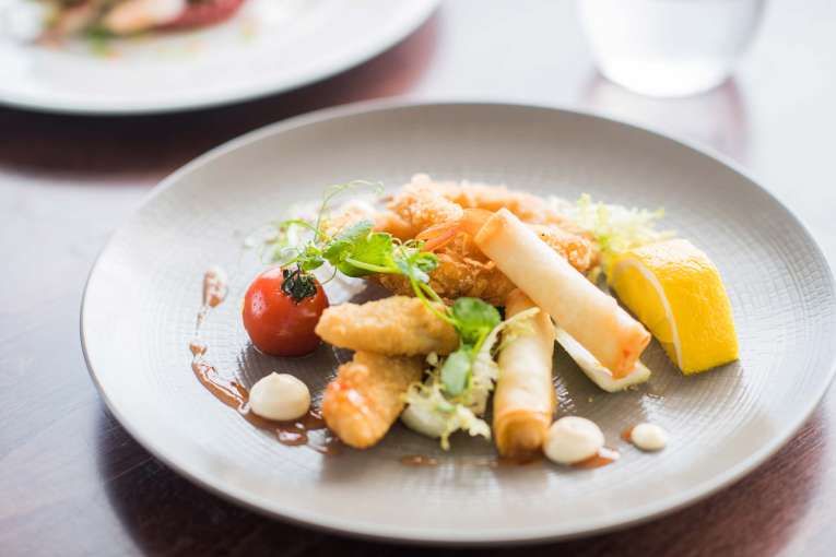 Belmont Hotel Restaurant Dining Crispy Fried Calamari Rings with Plaice Goujons and Prawns in Filo Pastry